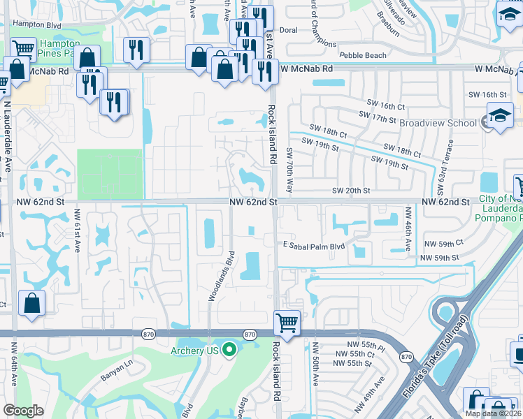 map of restaurants, bars, coffee shops, grocery stores, and more near 6195 Rock Island Road in Tamarac
