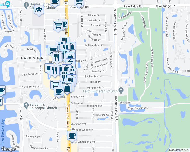 map of restaurants, bars, coffee shops, grocery stores, and more near 1195 South Alhambra Circle in Naples