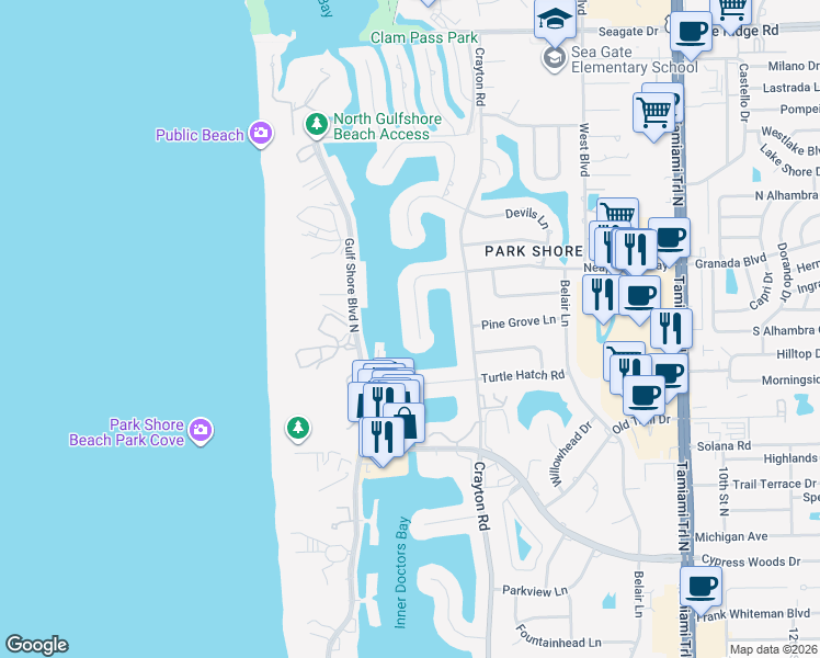 map of restaurants, bars, coffee shops, grocery stores, and more near 309 Neapolitan Way in Naples