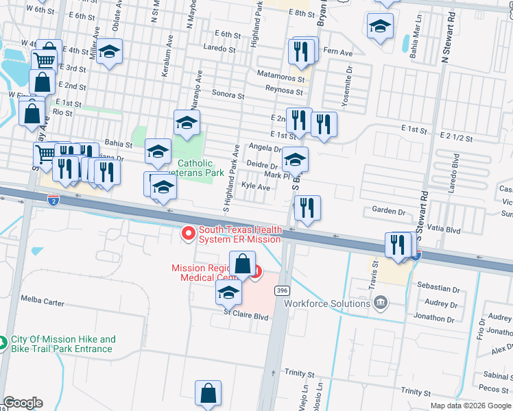 map of restaurants, bars, coffee shops, grocery stores, and more near 1302 Luther Lane in Mission