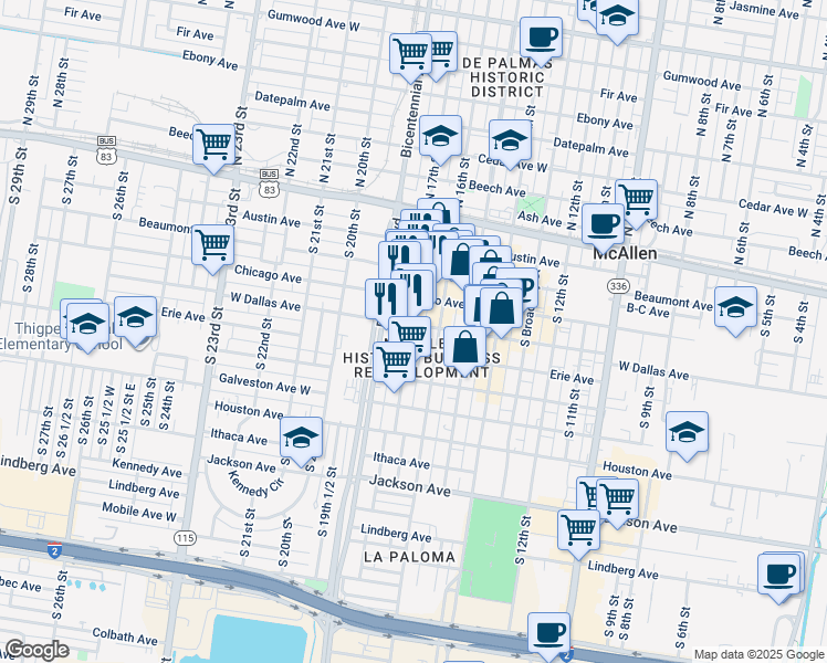 map of restaurants, bars, coffee shops, grocery stores, and more near 407 South 17th Street in McAllen