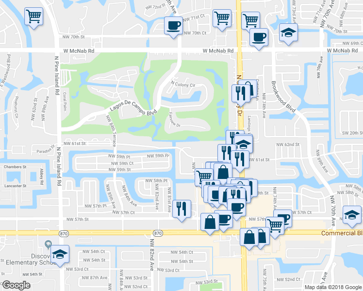 map of restaurants, bars, coffee shops, grocery stores, and more near 8001 Northwest 61st Street in Tamarac