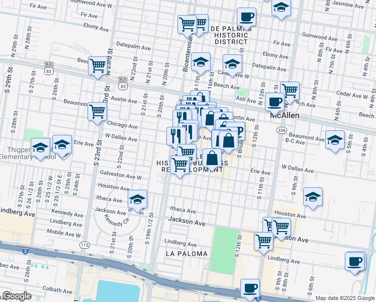 map of restaurants, bars, coffee shops, grocery stores, and more near 407 South 17th Street in McAllen