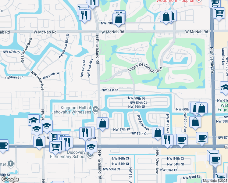 map of restaurants, bars, coffee shops, grocery stores, and more near 5960 Northwest 88th Avenue in Tamarac