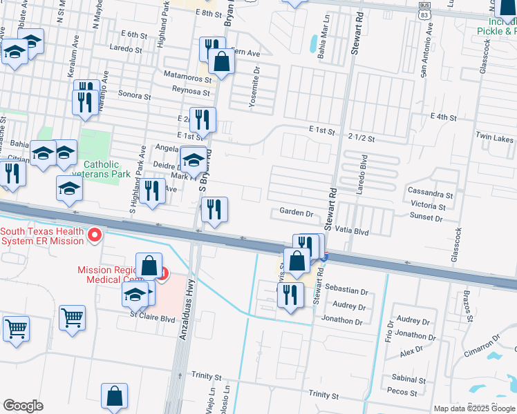 map of restaurants, bars, coffee shops, grocery stores, and more near 1370 Garden Drive in Mission