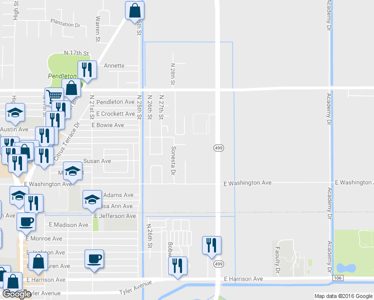map of restaurants, bars, coffee shops, grocery stores, and more near 2521 Chuparosa Court in Harlingen