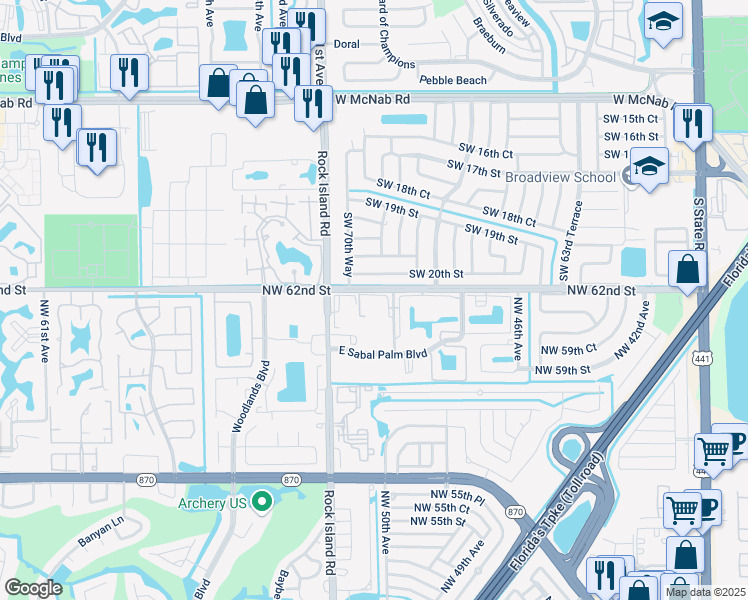 map of restaurants, bars, coffee shops, grocery stores, and more near 6095 North Sabal Palm Boulevard in Tamarac