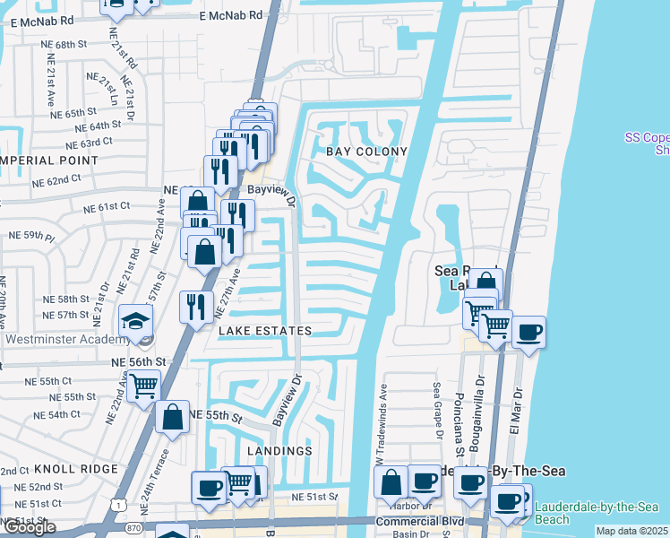 map of restaurants, bars, coffee shops, grocery stores, and more near 3109 Northeast 58th Street in Fort Lauderdale