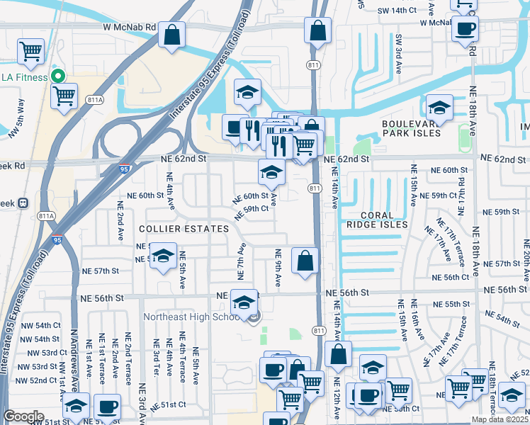 map of restaurants, bars, coffee shops, grocery stores, and more near 811 Northeast 59th Street in Fort Lauderdale
