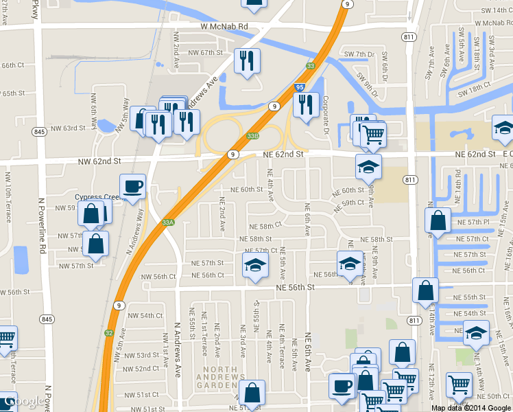 map of restaurants, bars, coffee shops, grocery stores, and more near 341 Northeast 59th Street in Fort Lauderdale