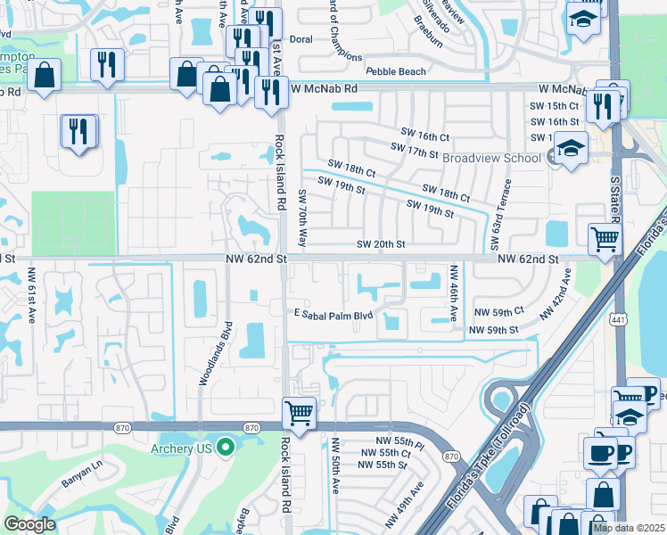 map of restaurants, bars, coffee shops, grocery stores, and more near 6090 North Sabal Palm Boulevard in Tamarac