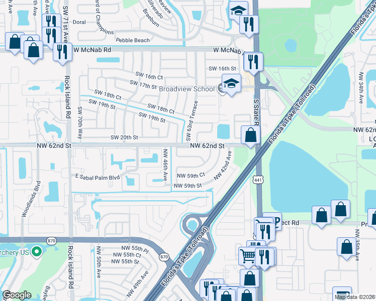 map of restaurants, bars, coffee shops, grocery stores, and more near 4411 Northwest 61st Street in Fort Lauderdale