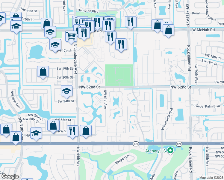 map of restaurants, bars, coffee shops, grocery stores, and more near 6095 Buckeye Court in Tamarac