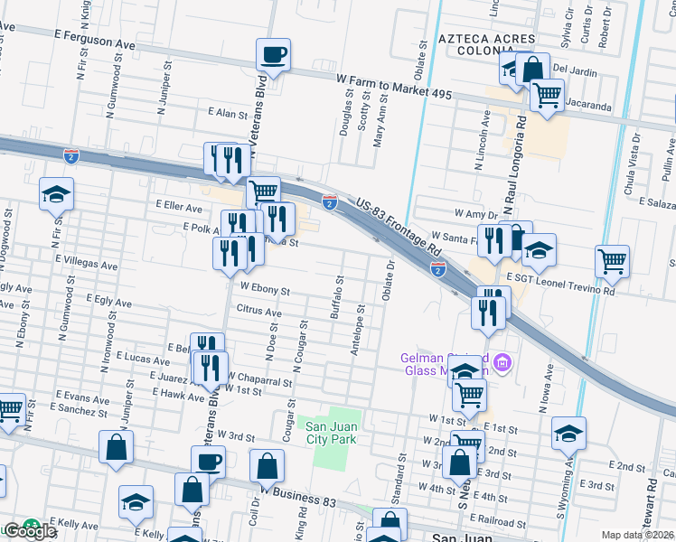 map of restaurants, bars, coffee shops, grocery stores, and more near 604 Hackberry Avenue in San Juan
