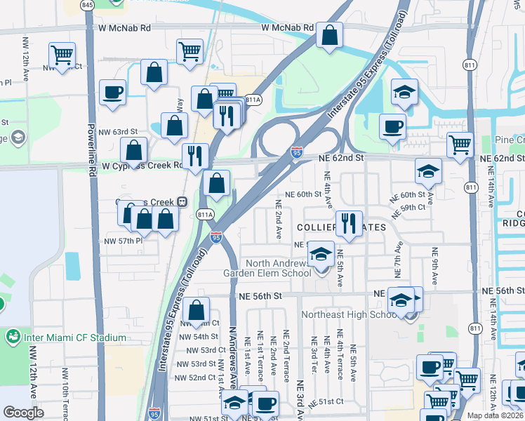 map of restaurants, bars, coffee shops, grocery stores, and more near 5940 Northeast 1st Terrace in Fort Lauderdale