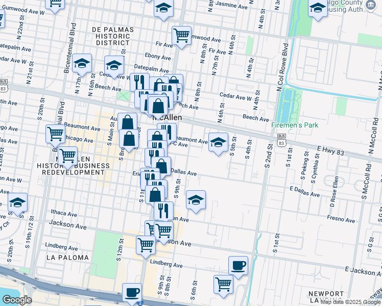 map of restaurants, bars, coffee shops, grocery stores, and more near 221 South 8th Street in McAllen