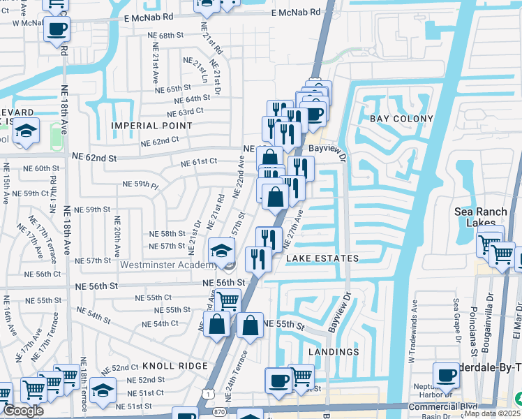 map of restaurants, bars, coffee shops, grocery stores, and more near 5700 Northeast 22nd Way in Fort Lauderdale