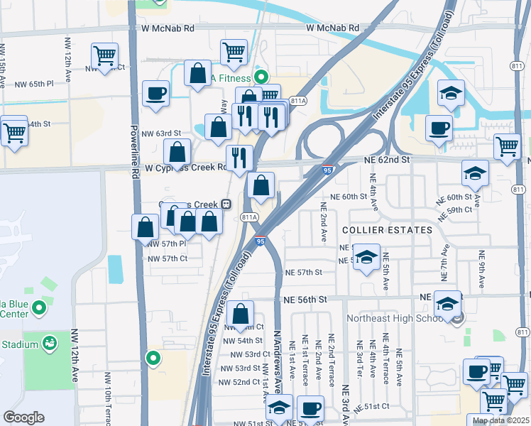 map of restaurants, bars, coffee shops, grocery stores, and more near 5900 North Andrews Avenue in Fort Lauderdale
