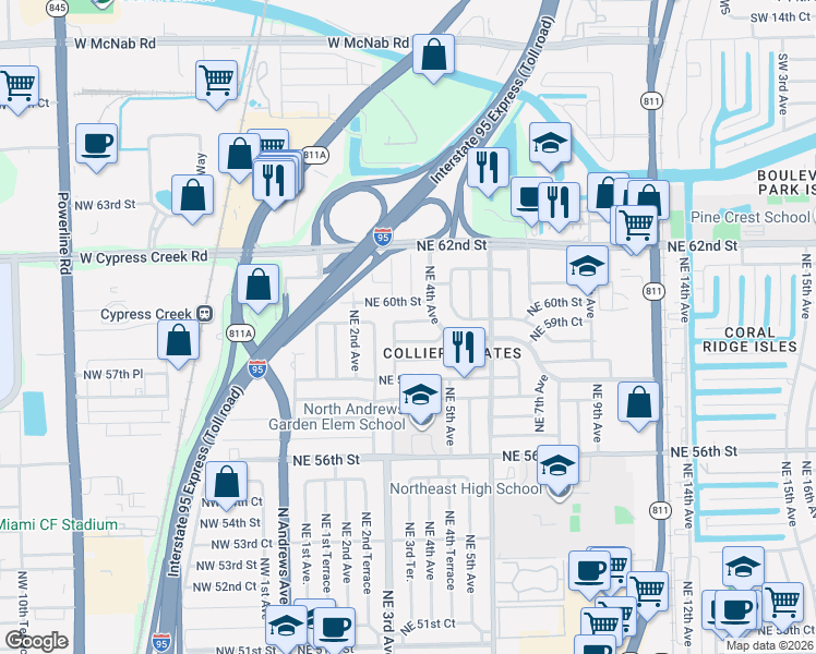 map of restaurants, bars, coffee shops, grocery stores, and more near 320 Northeast 59th Court in Fort Lauderdale