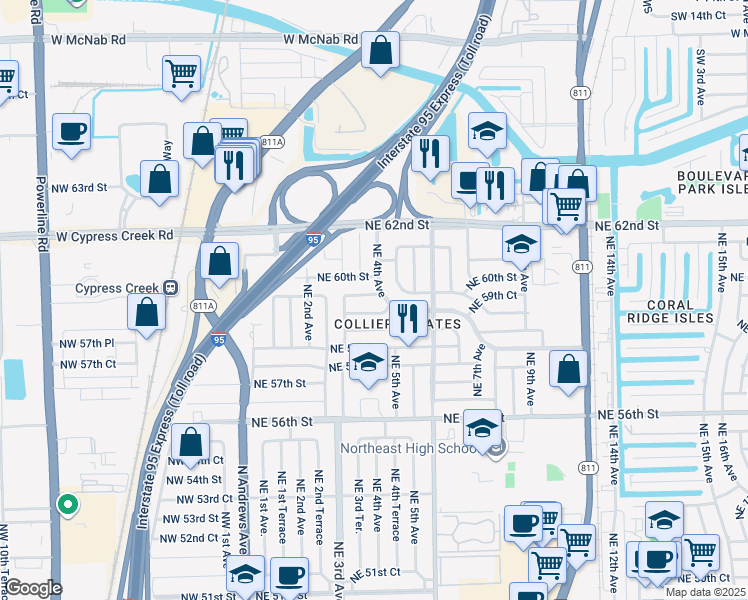 map of restaurants, bars, coffee shops, grocery stores, and more near 360 Northeast 59th Court in Fort Lauderdale