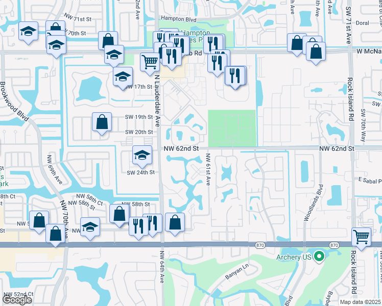 map of restaurants, bars, coffee shops, grocery stores, and more near 6200 Northwest 62nd Street in Tamarac