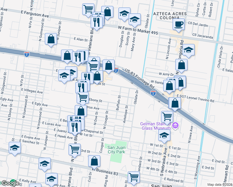 map of restaurants, bars, coffee shops, grocery stores, and more near 604 Hackberry Avenue in San Juan