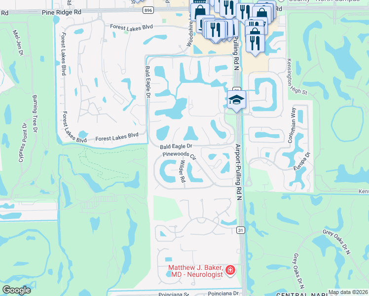 map of restaurants, bars, coffee shops, grocery stores, and more near 2371 Pinewoods Circle in Naples
