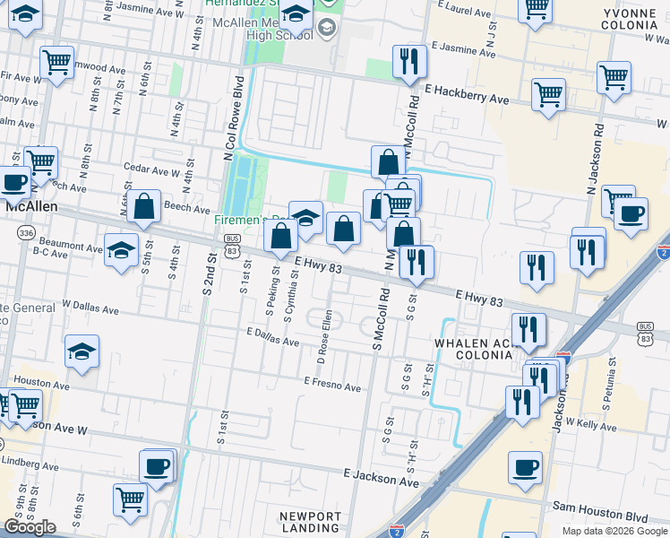 map of restaurants, bars, coffee shops, grocery stores, and more near 101 South Rose Ellen Boulevard in McAllen