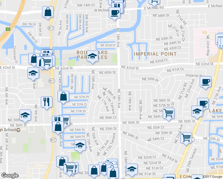 map of restaurants, bars, coffee shops, grocery stores, and more near 5851 Northeast 17th Road in Fort Lauderdale