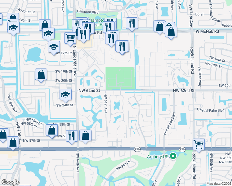 map of restaurants, bars, coffee shops, grocery stores, and more near 6095 Buckeye Court in Tamarac
