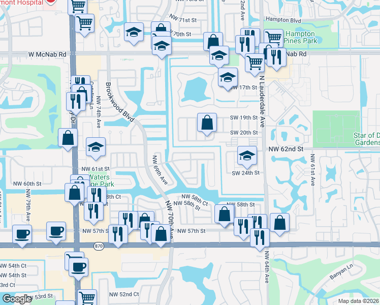 map of restaurants, bars, coffee shops, grocery stores, and more near 6717 Northwest 61st Street in Tamarac