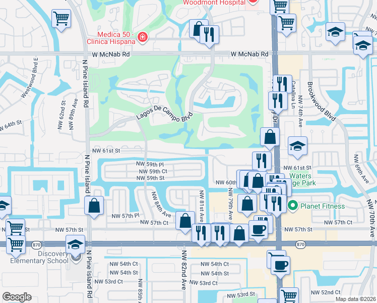 map of restaurants, bars, coffee shops, grocery stores, and more near 8205 Northwest 61st Street in Tamarac