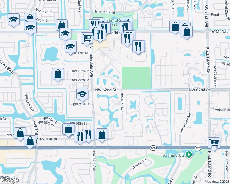 map of restaurants, bars, coffee shops, grocery stores, and more near 6200 Northwest 62nd Street in Tamarac