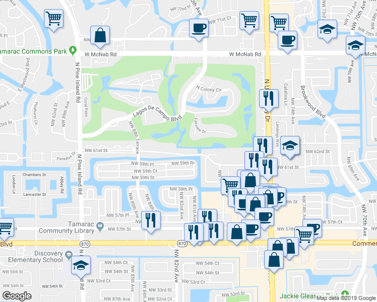 map of restaurants, bars, coffee shops, grocery stores, and more near 8101 Northwest 59th Place in Tamarac