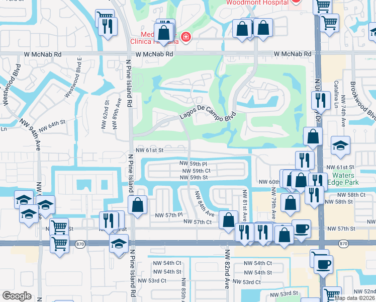map of restaurants, bars, coffee shops, grocery stores, and more near 8432 Northwest 61st Street in Tamarac