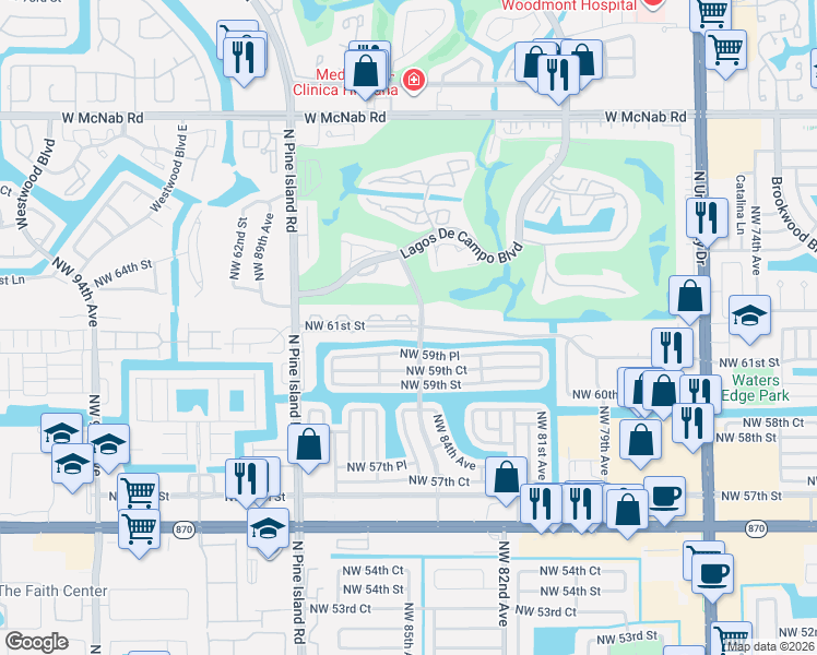 map of restaurants, bars, coffee shops, grocery stores, and more near 8432 Northwest 61st Street in Tamarac
