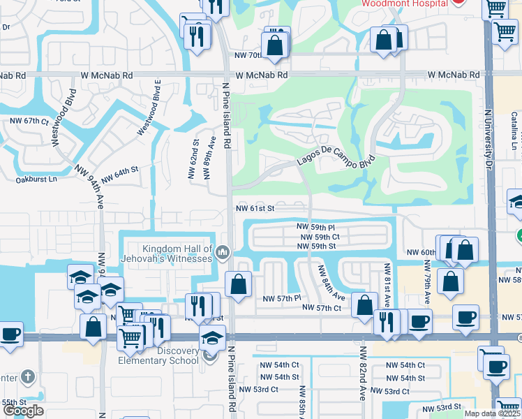 map of restaurants, bars, coffee shops, grocery stores, and more near 8637 Northwest 61st Street in Tamarac