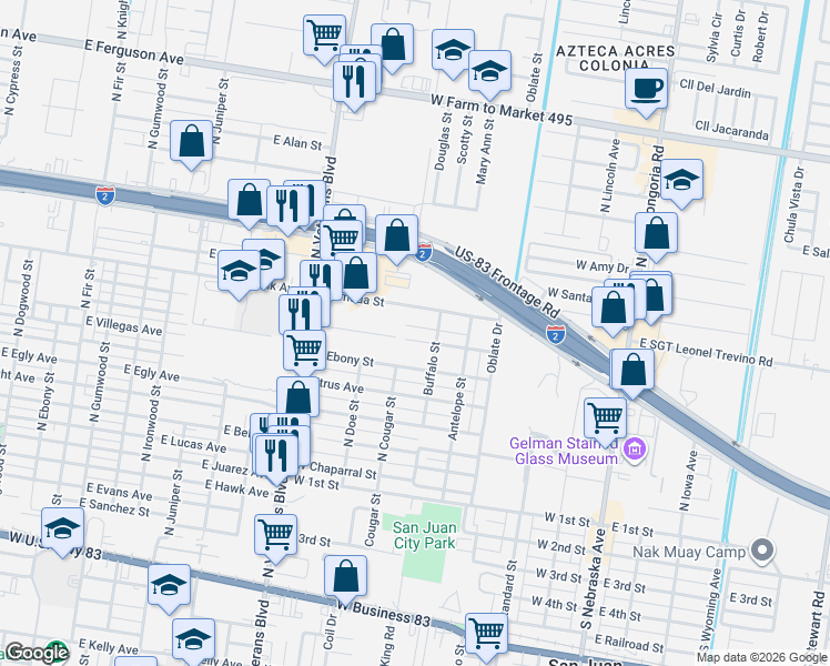 map of restaurants, bars, coffee shops, grocery stores, and more near 604 Hackberry Avenue in San Juan