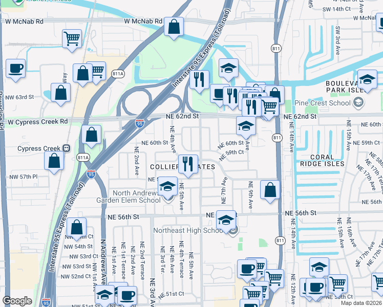 map of restaurants, bars, coffee shops, grocery stores, and more near 531 Northeast 59th Street in Fort Lauderdale