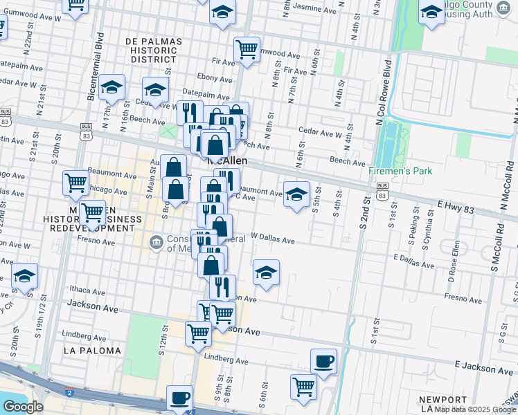 map of restaurants, bars, coffee shops, grocery stores, and more near 221 South 8th Street in McAllen