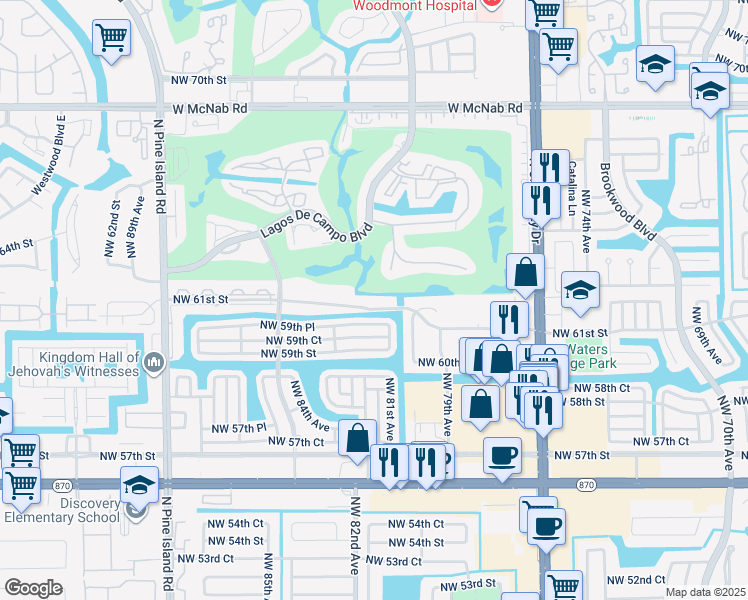 map of restaurants, bars, coffee shops, grocery stores, and more near 8101 Northwest 59th Place in Tamarac