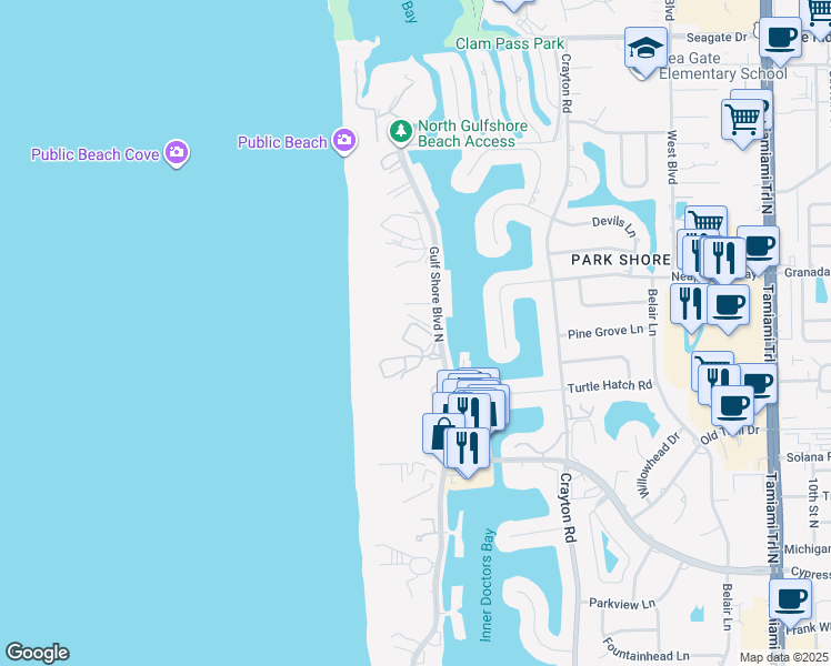 map of restaurants, bars, coffee shops, grocery stores, and more near 4401 Gulf Shore Boulevard North in Naples