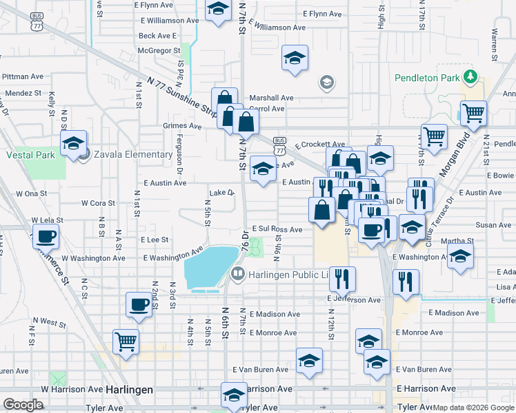 map of restaurants, bars, coffee shops, grocery stores, and more near 810 East Jim Hogg Avenue in Harlingen