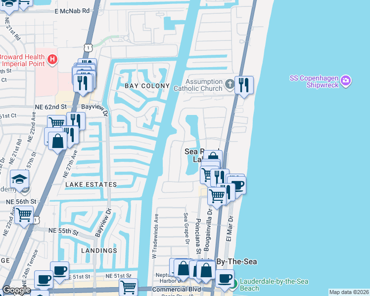 map of restaurants, bars, coffee shops, grocery stores, and more near 57 Cayuga Road in Sea Ranch Lakes