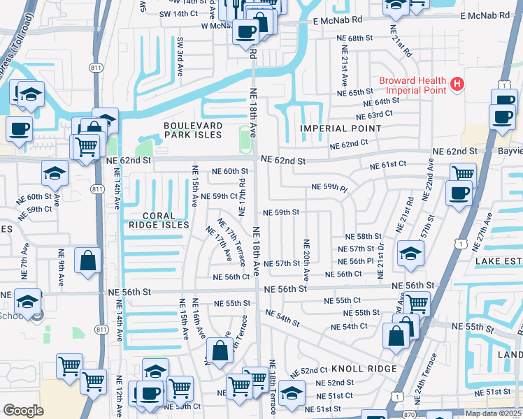 map of restaurants, bars, coffee shops, grocery stores, and more near 1800 Northeast 59th Street in Fort Lauderdale