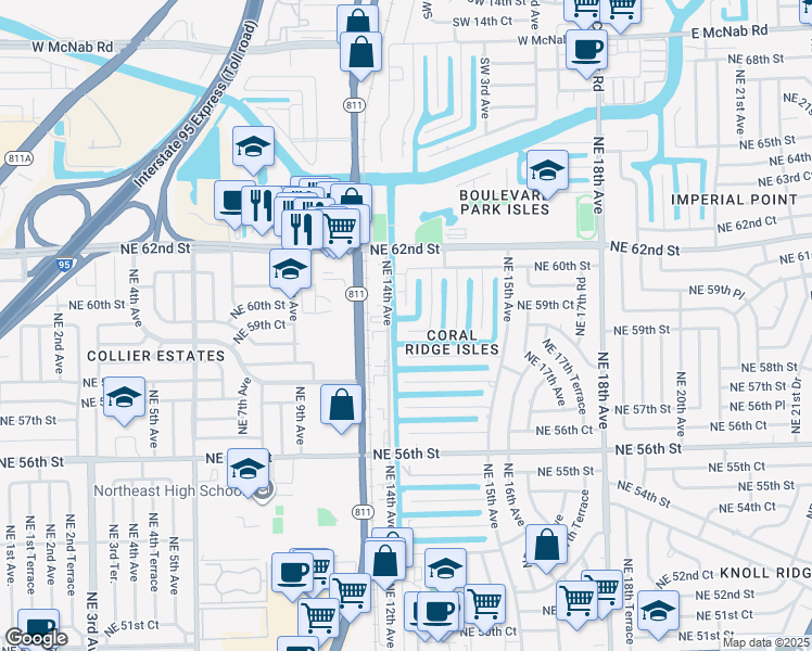 map of restaurants, bars, coffee shops, grocery stores, and more near 5840 Northeast 14th Road in Fort Lauderdale