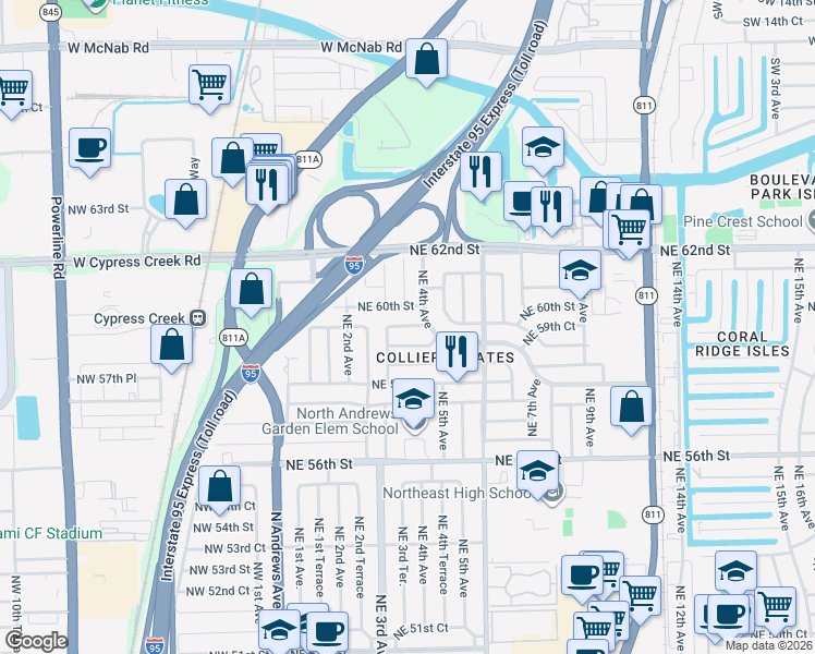 map of restaurants, bars, coffee shops, grocery stores, and more near 341 Northeast 59th Street in Fort Lauderdale