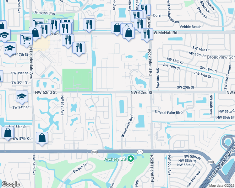 map of restaurants, bars, coffee shops, grocery stores, and more near 5550 Northwest 61st Place in Tamarac