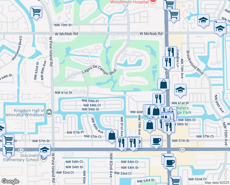 map of restaurants, bars, coffee shops, grocery stores, and more near 8101 Northwest 59th Place in Tamarac