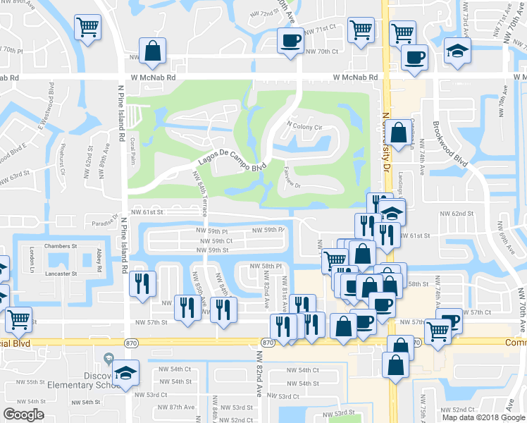map of restaurants, bars, coffee shops, grocery stores, and more near 8205 Northwest 61st Street in Tamarac